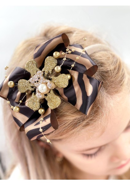 Özel Tasarım Lüks Leopar Saten Fiyonk Gold Metal Ayıcıklı Kar Tanesi Kadife Yetişkin Çocuk Tacı