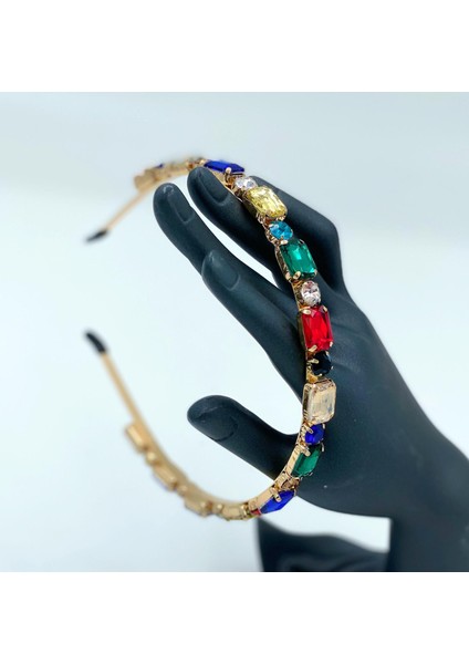 Lüks Renkli Kristal Taşlı Gold Altın Metal Yetişkin Çocuk Tacı