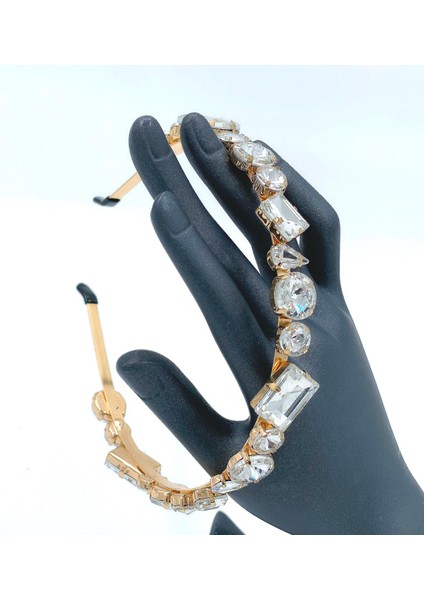 Lüks Beyaz Kristal Taşlı Gold Altın Metal Yetişkin Çocuk Tacı
