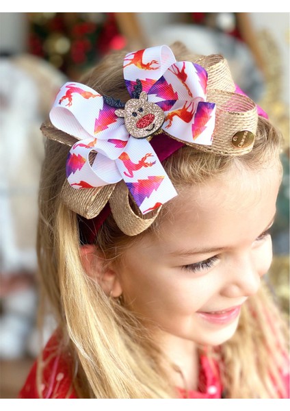 Yılbaşı Özel Christmas Simli Geyikli Çam Ağaçlı Hasır Lüks Fiyonk Kadife Taç Yetişkin Çocuk Tacı