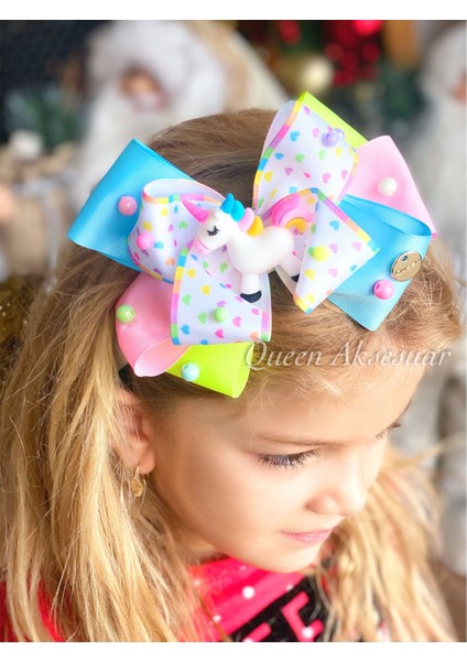 Özel Tasarım 3 Boyutlu Lüks Pastel Gökkuşağı Renkli Inci Unicorn Kalp Fiyonk Saten Taç Çocuk Tacı