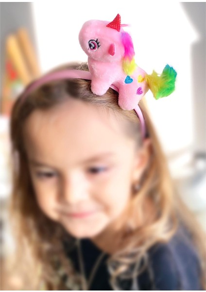Özel Tasarım Sevimli Rengarenk Gökkuşağı Unicorn Peluş Taç Çocuk Tacı Pembe