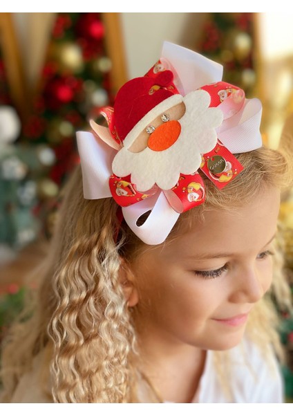 Yılbaşı Özel Tasarım Lüks Taşlı Noel Baba Büyük Fiyonk Saten Taç Çocuk Yetişkin Tacı Kırmızı