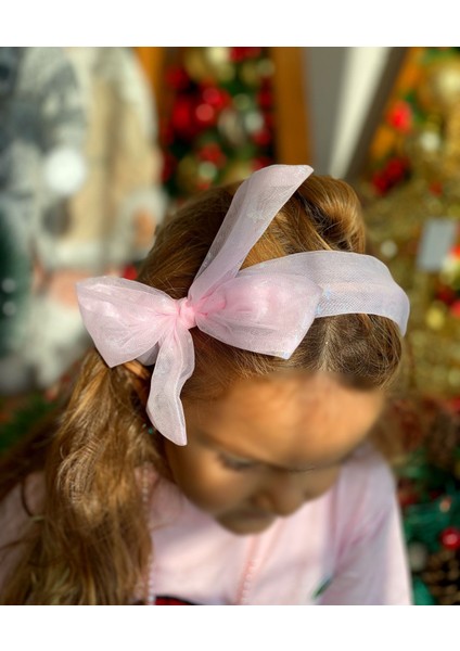 Şeker Pembe Organze Tül Parlak Yıldız Desenli Büyük Fiyonk Taç Yetişkin Çocuk Tacı