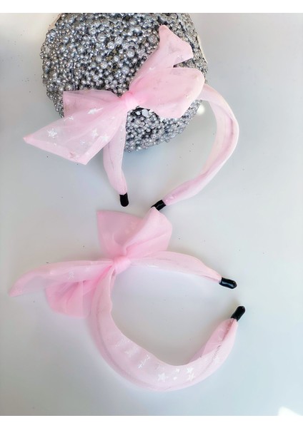 Şeker Pembe Organze Tül Parlak Yıldız Desenli Büyük Fiyonk Taç Yetişkin Çocuk Tacı modelleri