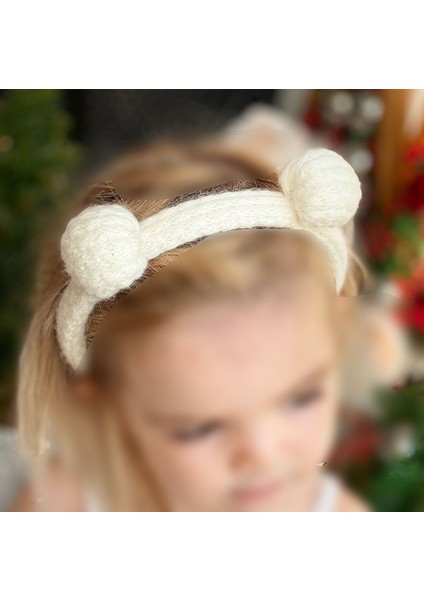 Mini Örgü Yünlü Ponpon Bebek Çocuk Tacı Pon Pon Taç Örme Beyaz Krem