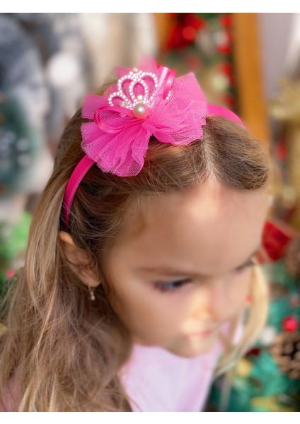 Prenses Taçlı Taşlı Tüllü Inci Çocuk Doğum Günü Tacı Fuşya Pembe