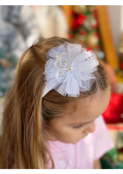 Prenses Taçlı Taşlı Tüllü Inci Çocuk Doğum Günü Tacı Beyaz