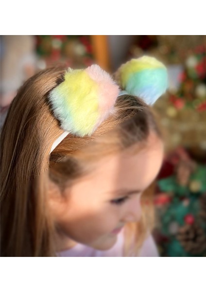 Soft Pastel Renkli Gökkuşağı Unicorn Pon Pon Çocuk Tacı Metal Ponpon Taç
