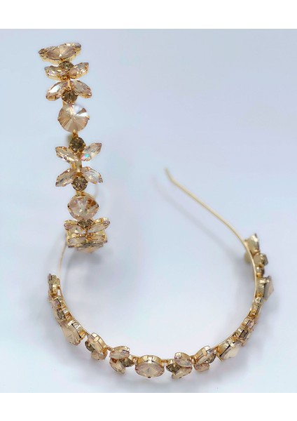 Lüks Gold Kristal Cam Taşlı Çiçek Motifli Altın Metal Taç Kadın Çocuk Tacı