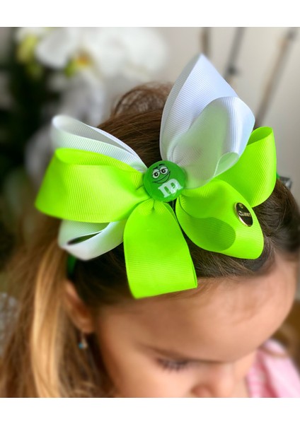 Yaz Şekeri Özel Tasarım M&m Draje Çocuk Büyük Fiyonk Saten Taç Neon Fosforlu Yeşil