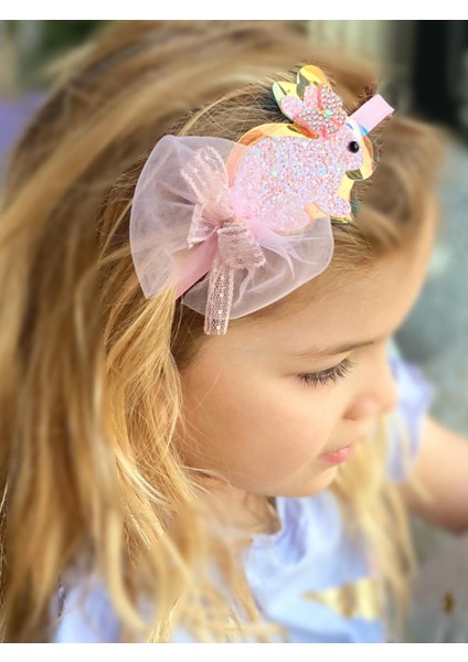 Sevimli Pembe Simli Taşlı Tavşan Hologramlı Tüllü Parlak Taç