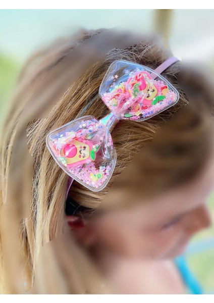 3 Boyutlu Pullu Simli Hareketli Büyük Şeffaf Fiyonk Saten Çocuk Tacı Pembe