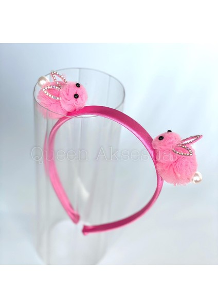 Sevimli Pembe Pon Pon Tavşanlı Taşlı Incili Saten Çocuk Tacı modelleri