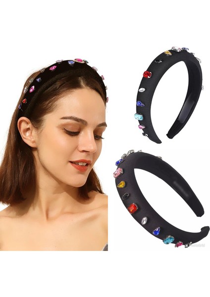 Kristal Renkli Taş Işlemeli Bombeli Süngerli Siyah Parlak Taç