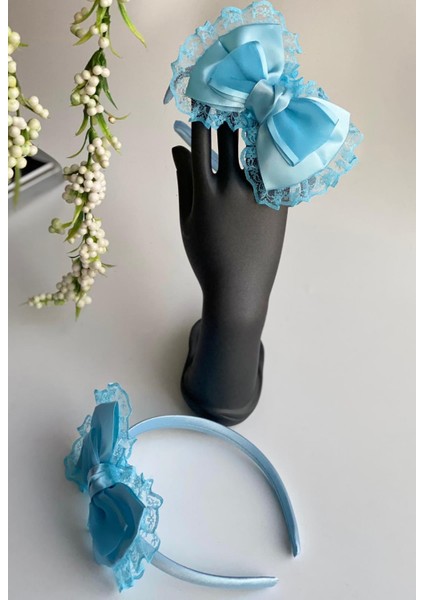 Mavi Güpürlü Saten Fiyonk Anne Lohusa Tacı Taç