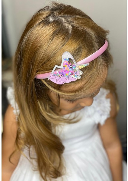 3D Pleksi Cam Pullu Taşlı 3 Boyut Büyük Unicorn Çocuk Tacı Pembe Saten Taç