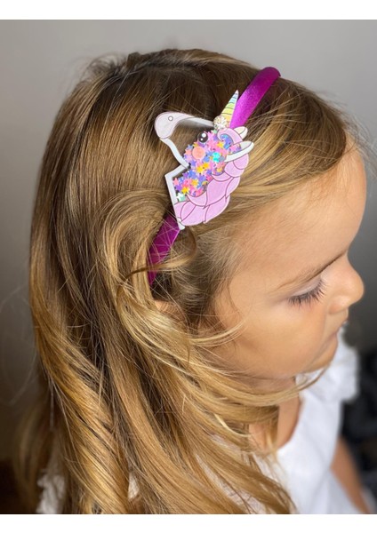 3D Pleksi Cam Pullu Taşlı 3 Boyut Büyük Unicorn Çocuk Tacı Fuşya Pembe Saten Taç