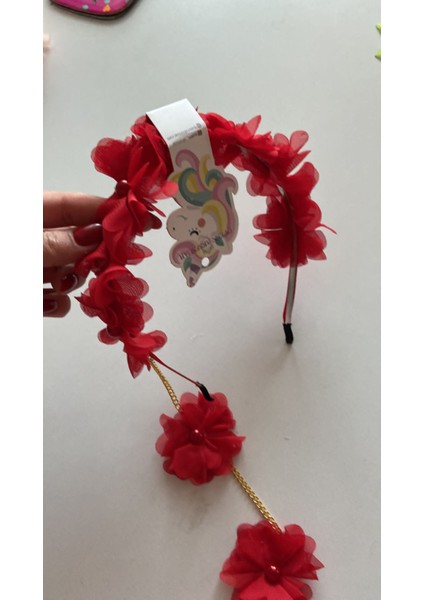 Yeni Trend Moda Inci Çiçek Sarkıt Zincirli Anne Çocuk Nedime Taç Kırmızı