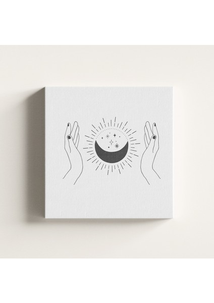 Line Art Eller Arasında Ay Mistik Enerji Kanvas Tablo