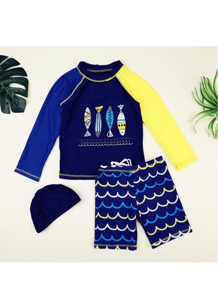Yüzücü Mayo Set Erkek Çocuk Balık Desenli Şort Bone Alt Üst Takım Sweat Mavi Uv Güneş Korumalı