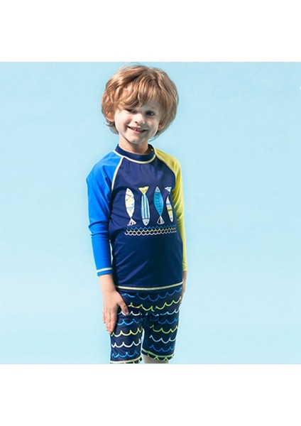 Yüzücü Mayo Set Erkek Çocuk Balık Desenli Şort Bone Alt Üst Takım Sweat Mavi Uv Güneş Korumalı fiyatları