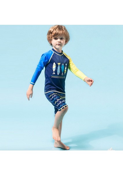 Yüzücü Mayo Set Erkek Çocuk Balık Desenli Şort Bone Alt Üst Takım Sweat Mavi Uv Güneş Korumalı modelleri