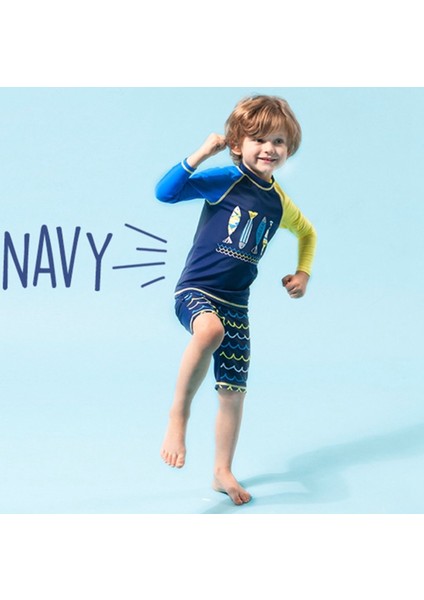 Yüzücü Mayo Set Erkek Çocuk Balık Desenli Şort Bone Alt Üst Takım Sweat Mavi Uv Güneş Korumalı fırsatları