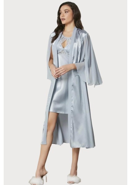 Saten Dantelli Gecelik ve Sabahlık Takımı 4375 Mist