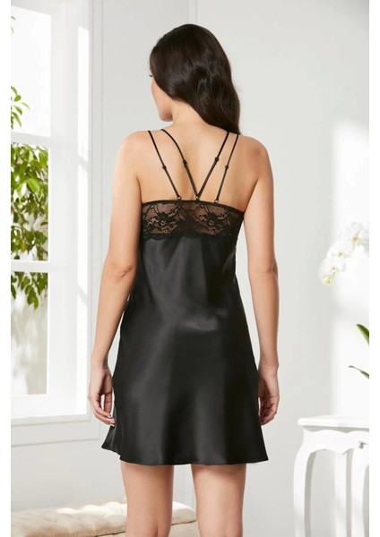 Saten Dantelli Gecelik ve Sabahlık Takımı 4375 Siyah fırsatları