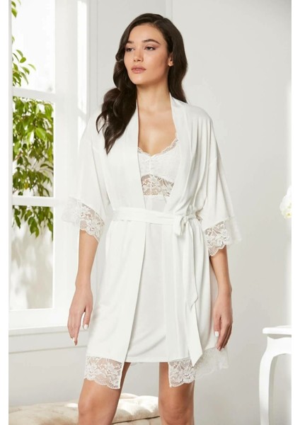 Penye Dantelli Gecelik Sabahlık Takım 4020 Ekru
