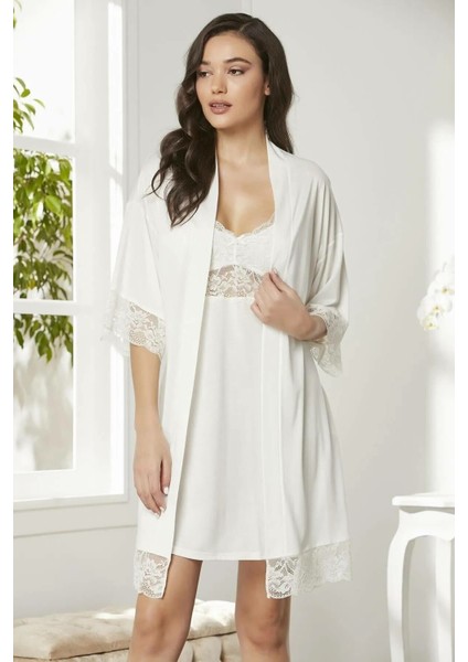 Penye Dantelli Gecelik Sabahlık Takım 4020 Ekru fiyatları