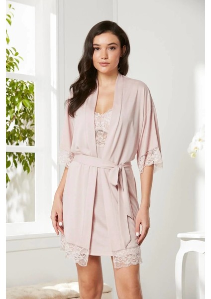 Penye Dantelli Gecelik Sabahlık Takım 4020 Pudra