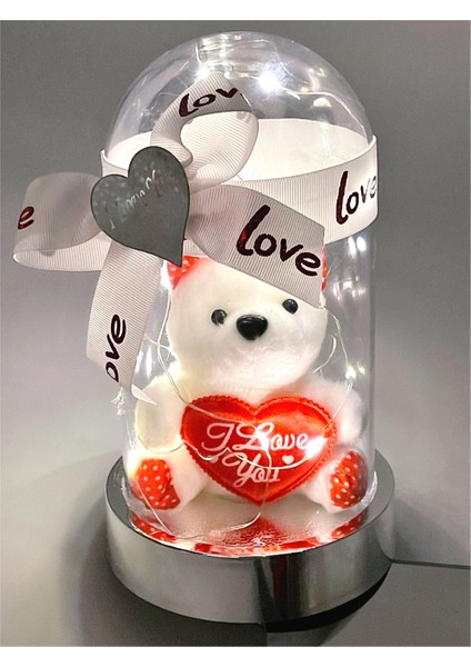 Anneler Günü Lüks Ayna Kalpli Madlen Çikolata 16LI Işıklı Fanus Peluş Ayıcık Set Gümüş