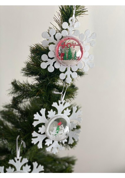 Yeni Yıl Yılbaşı Özel Lüks Beyaz Kar Küresi Kar Tanesi Fanus Dekorasyon Çam Ağacı Süs Tekli