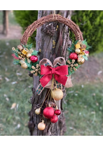 Özel Tasarım Lüks Ahşap Çelenk Kapı Duvar Süsü Fiyonklu Toplu Sarkıt