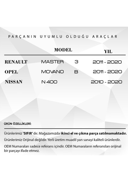 Renault Master 3, Nissan N400 Için Bagaj Dış Açma Teli Sağ Kapı
