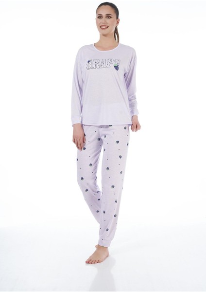 22134 Kadın Üzüm Desenli Uzun Kollu Viskon Pijama Takım