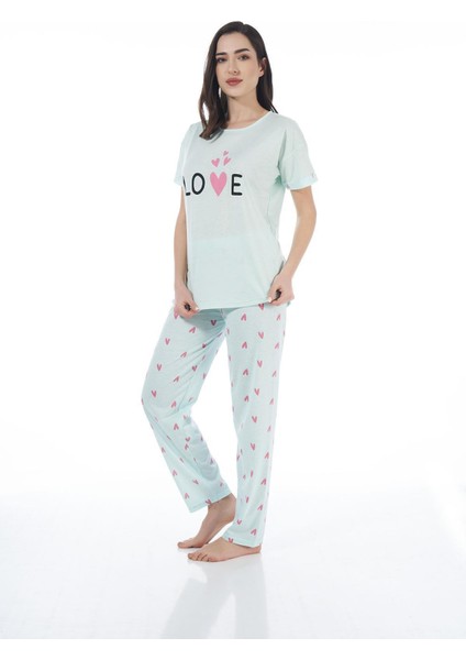22123 Kadın Kalp Desenli Kısa Kollu Viskon Pijama Takımı