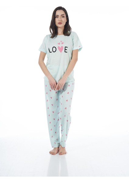 22123 Kadın Kalp Desenli Kısa Kollu Viskon Pijama Takımı