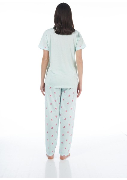 22123 Kadın Kalp Desenli Kısa Kollu Viskon Pijama Takımı