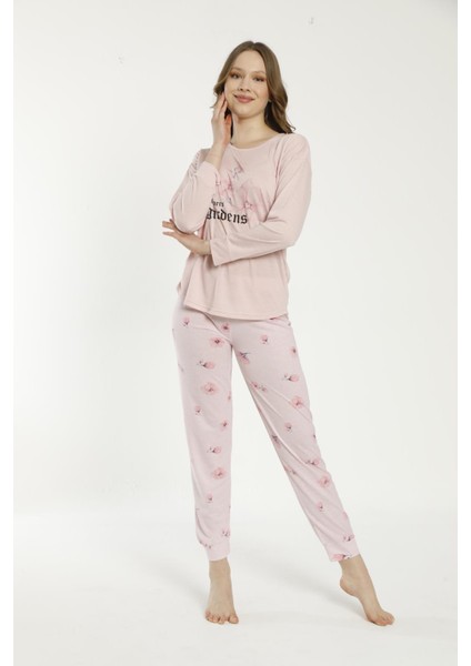 22135 Kadın Çiçek Desenli Uzun Kollu Viskon Pijama Takımı modelleri