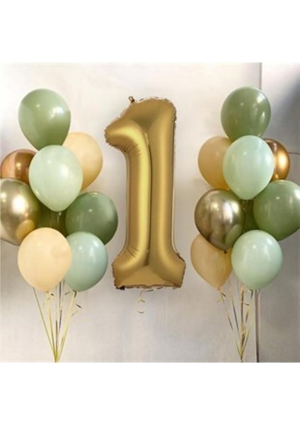 Mini Party Store 1 Yaş Gold Balon ve 16 Balon (4küfyeşil+4mintyeşil+4somon+2gold+2gümüş)