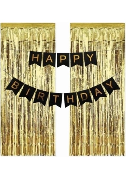 Mini Party Store 2 Adet Gold Metalize Perde 1 Adet Siyah A Gold Varaklı Happy Bırthday Banner Yazı Set