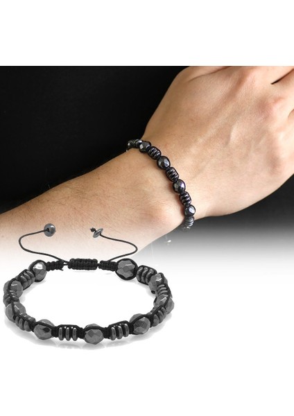 Makrome Örgülü Rondela-Küre Kesim Fasetalı Hematit Doğaltaş Bileklik