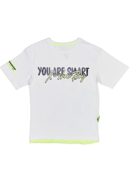 Erkek Çocuk You Are Smart Yazı Desenli Çift Taraf Baskılı Tişört Beyaz