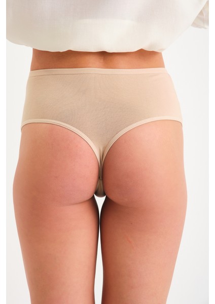 Pamuklu Yüksek Bel Tanga Külot Tekli High Waist Thong Bej