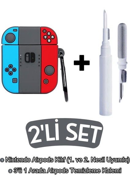 Airpods 1. ve 2. Nesil Uyumlu Nintendo Switch Kılıf ve Beyaz 3'ü 1 Arada Airpods Temizleme Kalemi Seti
