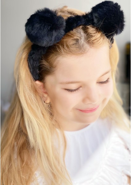 Peluş Pofuduk Tüylü Pon Pon Çocuk Tacı Ponpon Taç Siyah
