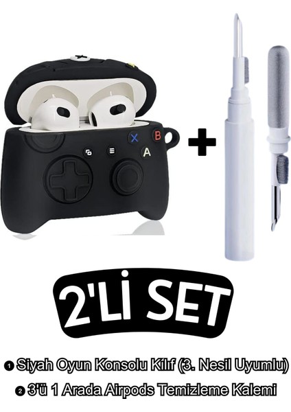 Airpods 3. Nesil Uyumlu Siyah Oyun Konsolu Kılıf ve Beyaz 3'ü 1 Arada Airpods Temizleme Kalemi Seti